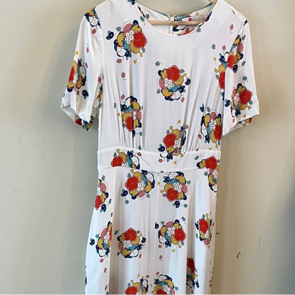 Boden White Dress with Red and Blue Floral Pattern
